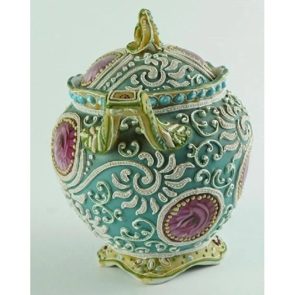 Antique Nippon Moriage Porcelain Lidded Jar and Bowl Set Pink Roses Teal 1890s